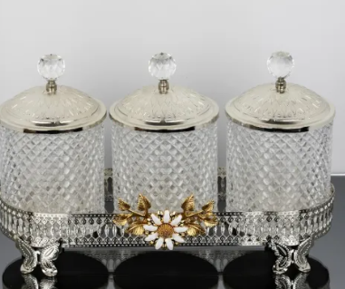 Silver Hammered Jar Set With Metal Floral Stand with Acrylic Ball Lid