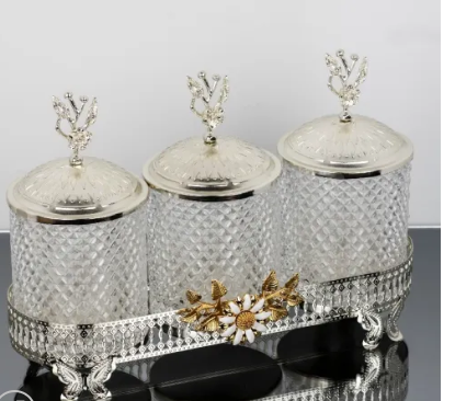 Silver Hammered Jar Set With Metal Floral Stand with Japan Rose Lid