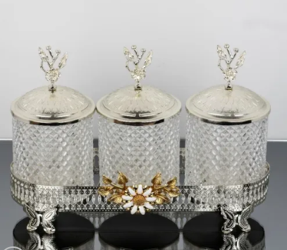 Silver Hammered Jar Set With Metal Floral Stand with Japan Rose Lid