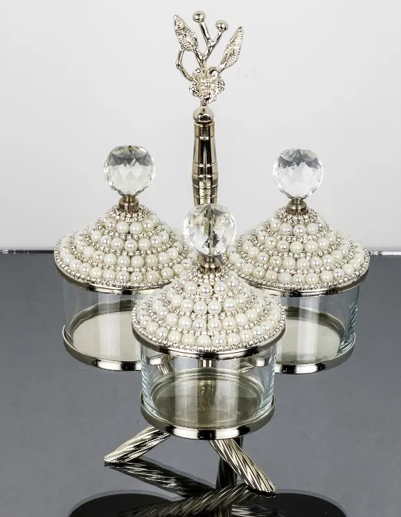 Silver Canister with Japan Rose Sugar/Creamer/Snack Canister (Set of 3 ) with Stand