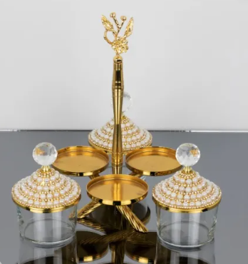 Gold Canister with Japan Rose Sugar/Creamer/Snack Canister (Set of 3 ) with Stand