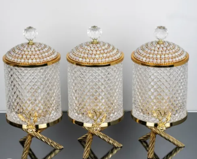 Gold Pearl Floral Hammered Canister Set With Stand (3 Pieces)