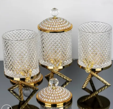 Gold Pearl Floral Hammered Canister Set With Stand (3 Pieces)