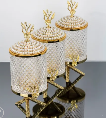 Gold Pearl Hammered Jar Set With Japanese Rose lid and Metal Stand