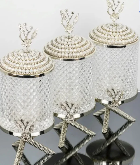 Silver Pearl Hammered Jar Set With Japanese Rose lid and Metal Stand
