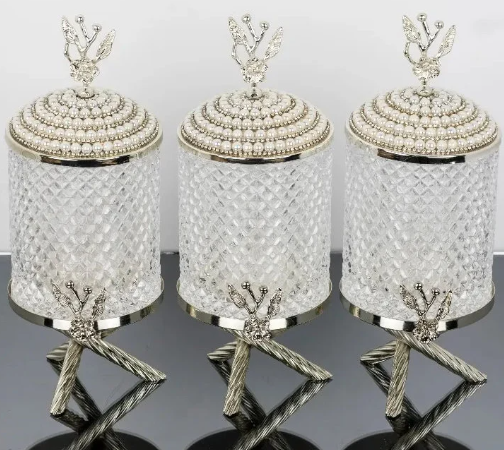 Silver Pearl Hammered Jar Set With Japanese Rose lid and Metal Stand