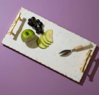 White Marble Rectangle Tray with Gold Handles & Edges