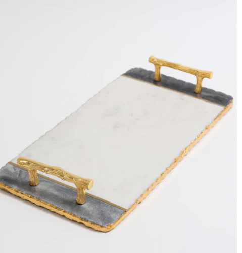 White & Black Rectangle Tray with Gold Handles & Edges