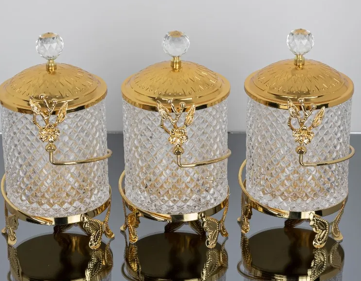 Gold Butterfly Floral Hammered Canister Set With Stand (3 Pieces)