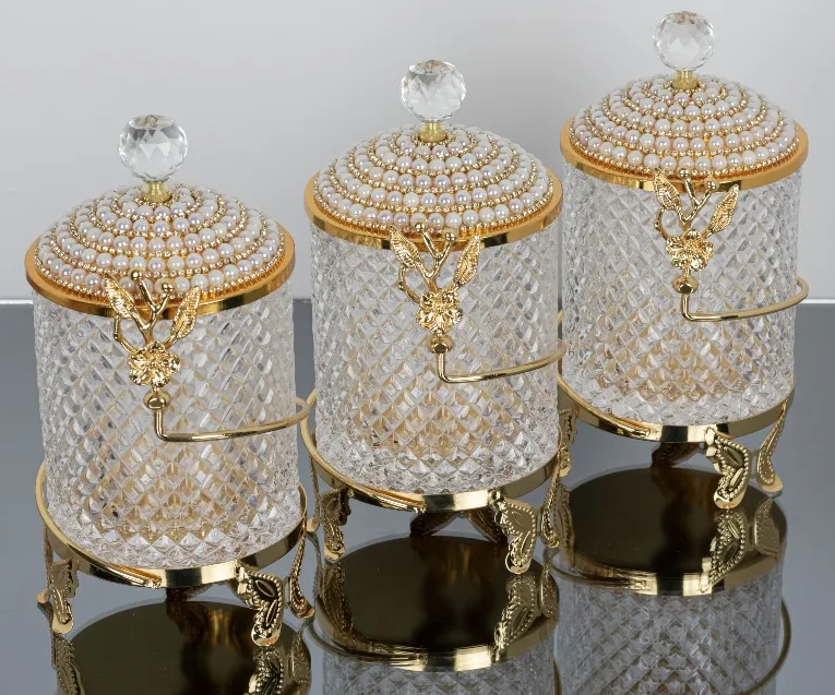Gold Butterfly Floral Hammered Canister Set With Stand Pearls (3 Pieces)