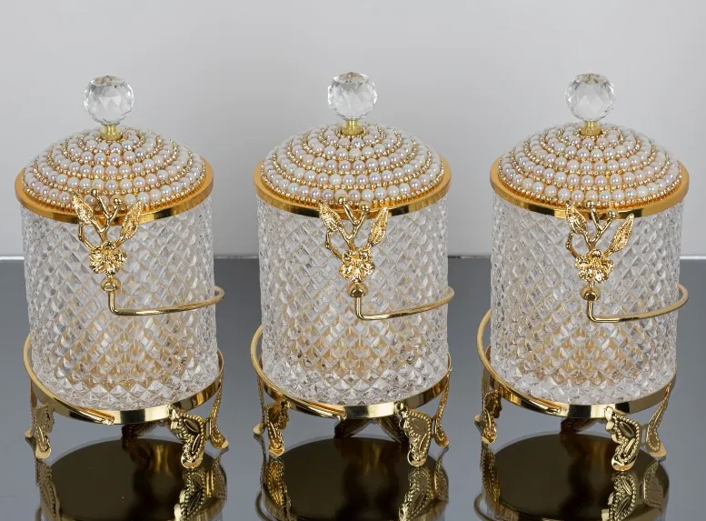 Gold Butterfly Floral Hammered Canister Set With Stand Pearls (3 Pieces)