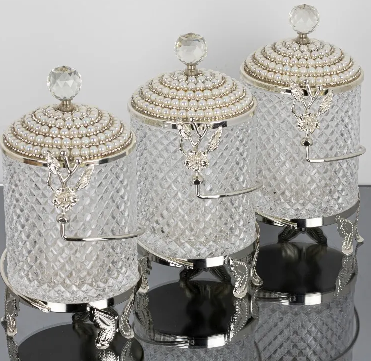 Silver Butterfly Floral Hammered Canister Set With Stand Pearl (3 Pieces)