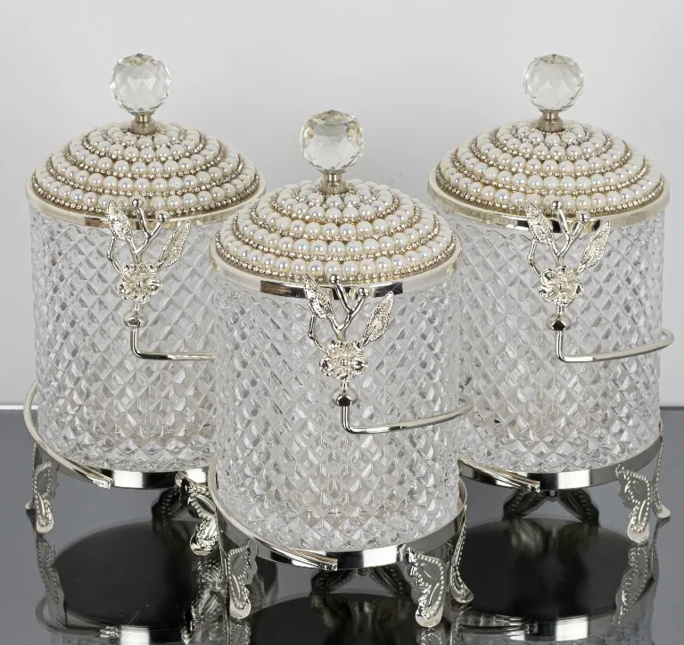 Silver Butterfly Floral Hammered Canister Set With Stand Pearl (3 Pieces)