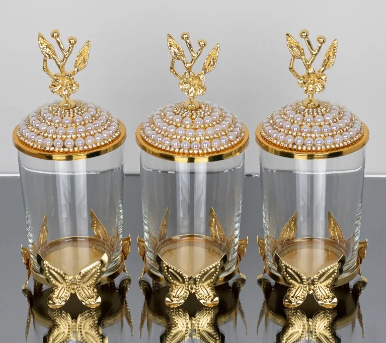 Gold Butterfly Sugar/Creamer Pearl Canister (Set of 3)