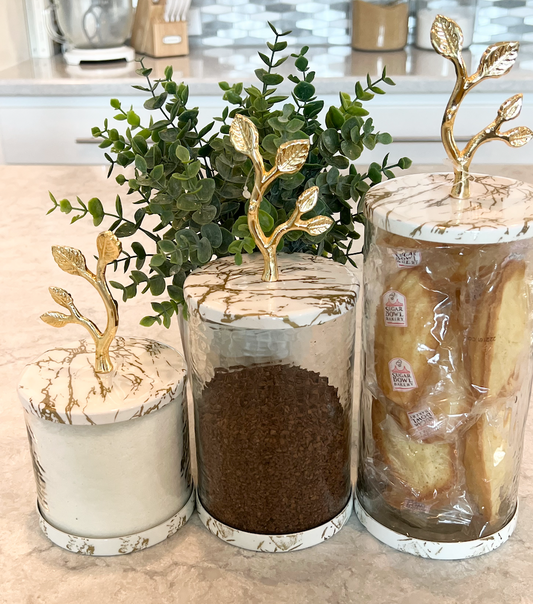 White and Gold Metallic Marble Canisters w/ Leaf Details  (Set of 3)