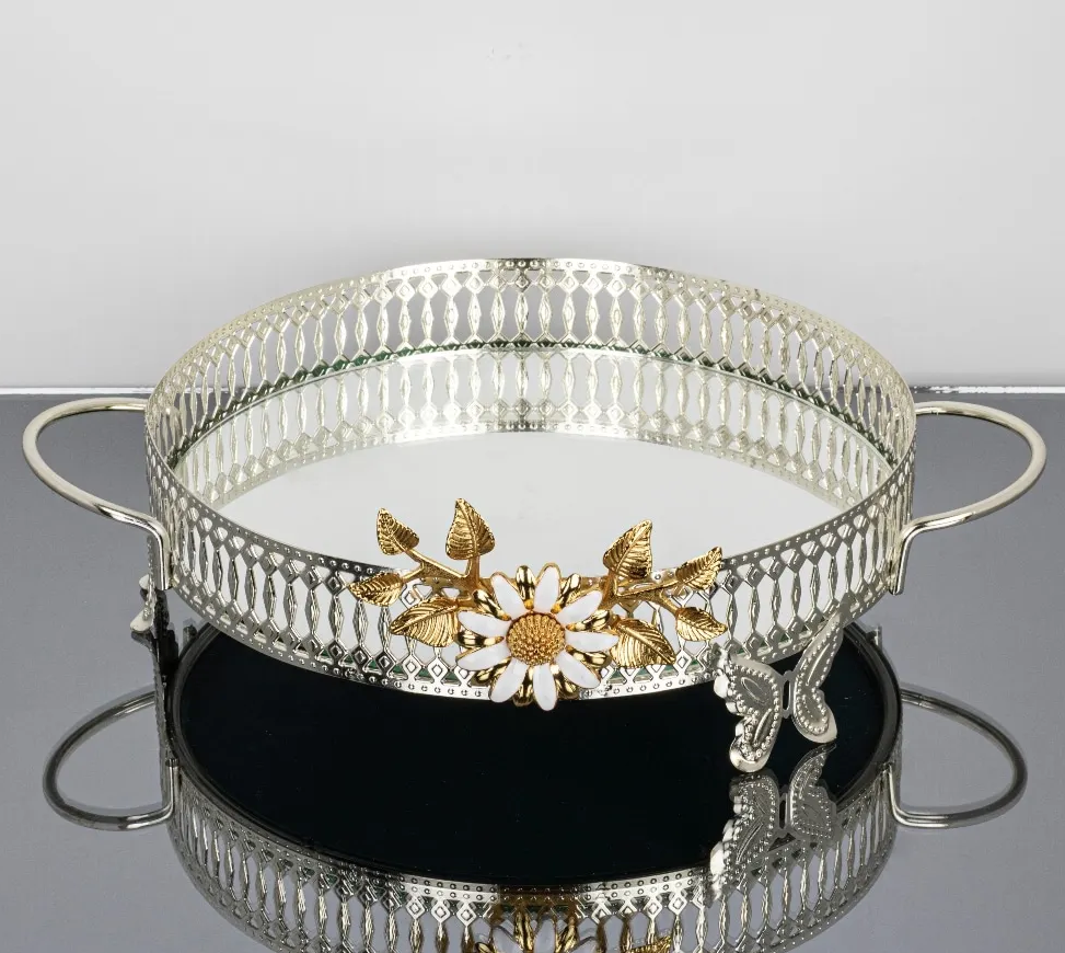Silver Round Tray with Gold Floral Details (3 Sizes)
