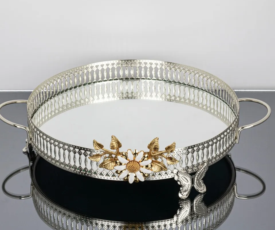 Silver Round Tray with Gold Floral Details (3 Sizes)