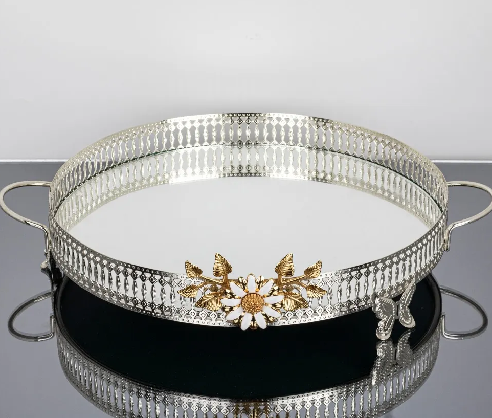Silver Round Tray with Gold Floral Details (3 Sizes)