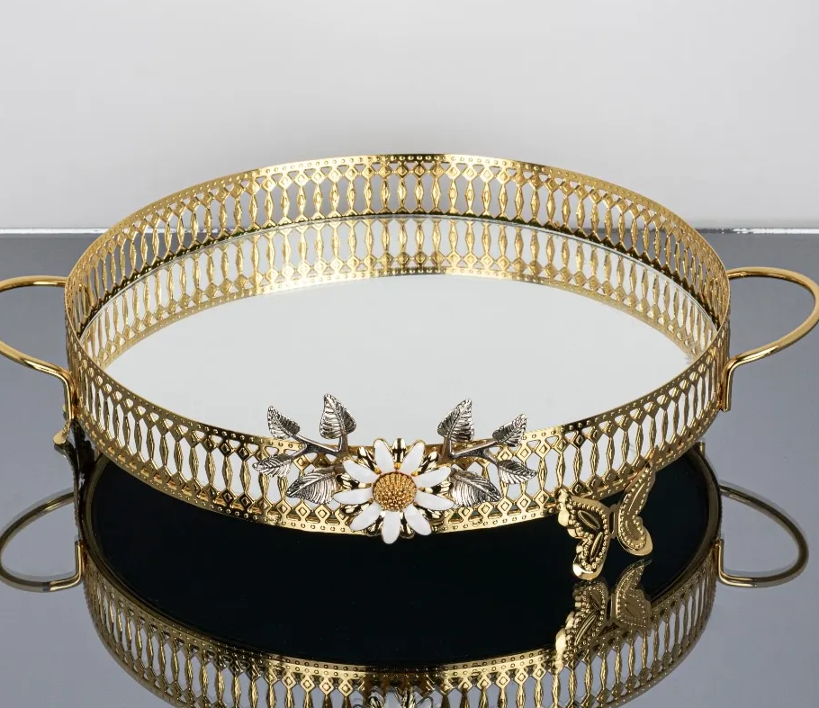 Gold Round Tray with Silver Floral Details  with Handles(3 Sizes)