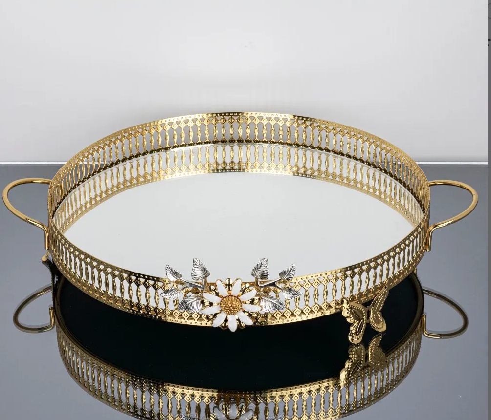 Gold Round Tray with Silver Floral Details  with Handles(3 Sizes)