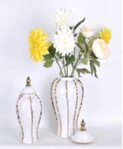 White and Gold Ginger Jar with Linear Details (2 Sizes)