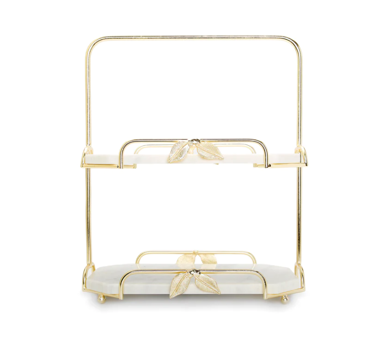 Two Tiered Marble Stand w/ Gold Frame Leaf Details
