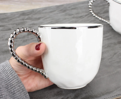 Silver and White Beaded Handle Mug