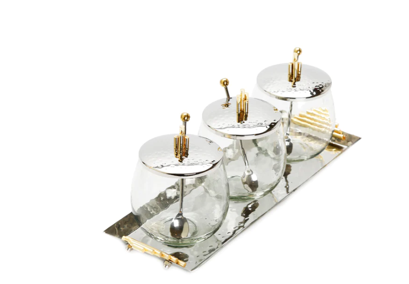 Hammered Tray with 3 Glass Bowls Gold Symmetrical Design with Spoon