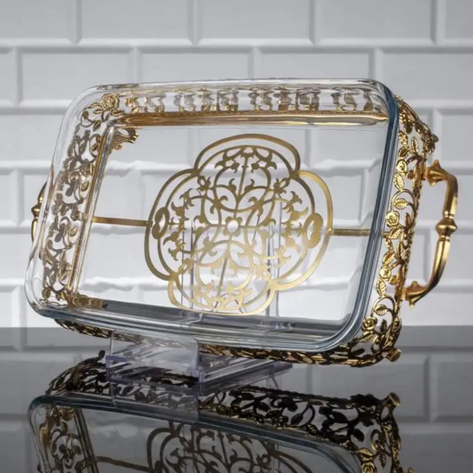 Rectangular Gold Handled Pyrex Holder with Gold Branch Design