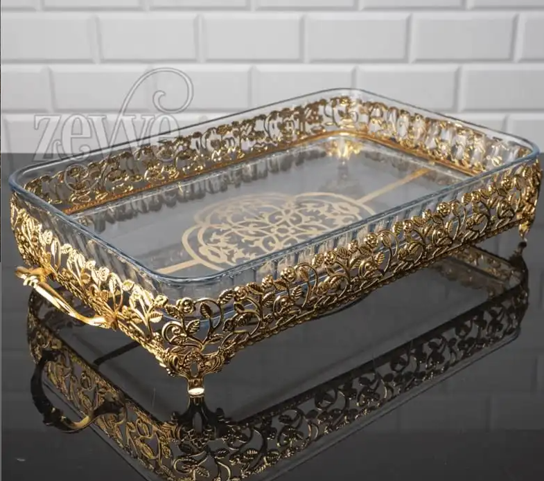 Rectangular Gold Handled Pyrex Holder with Gold Branch Design