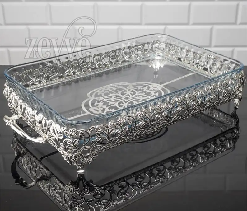 Rectangular Silver Handled Pyrex Holder with Gold Branch Design