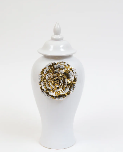 White Ginger Jar With Large Gold Flower Detail (3 Sizes)