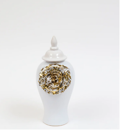 White Ginger Jar With Large Gold Flower Detail (3 Sizes)