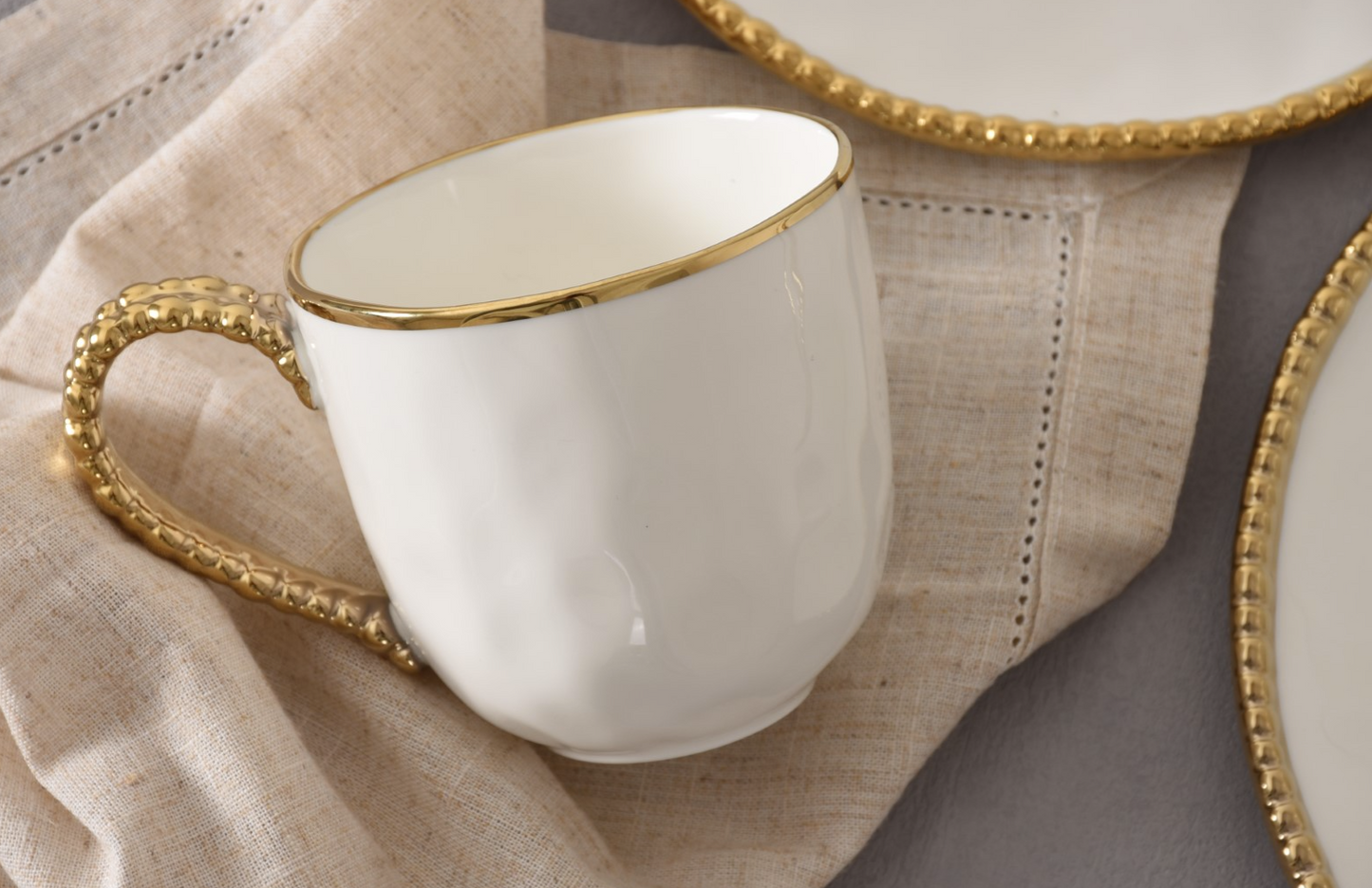 Gold and White  Beaded Handle Mug
