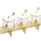 Three Glass Canister Set White Lids Gold Block Base