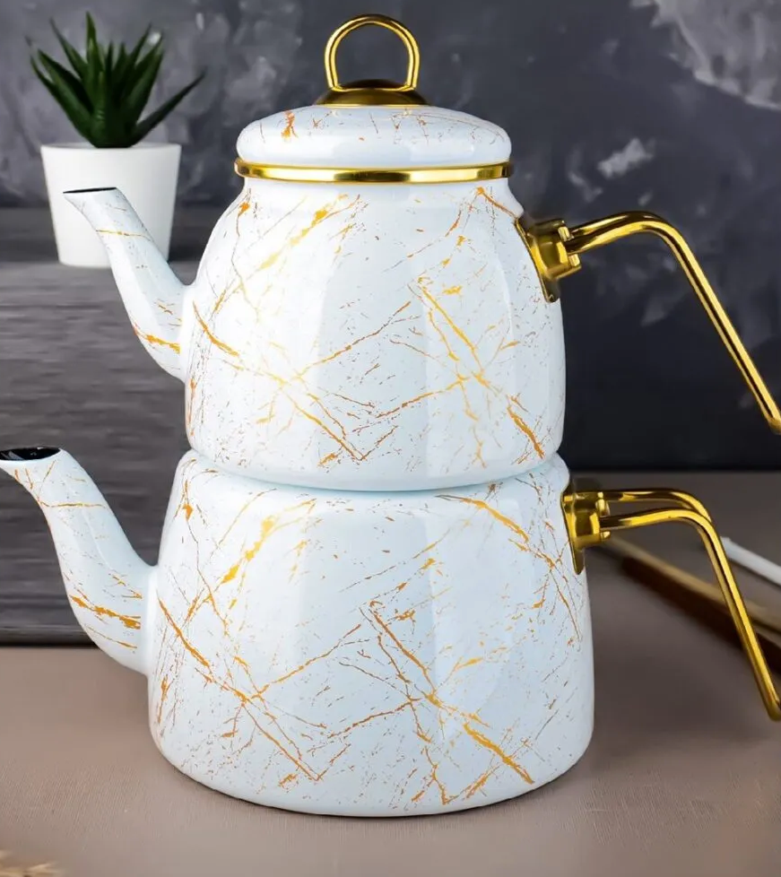 White Gold Marble Design Enamel Double Turkish Tea Pot Kettle