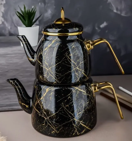 Black Marble Design Enamel Double Turkish Tea Pot Kettle