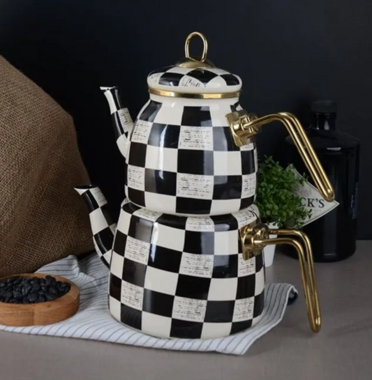 Checkered Enamel Double Turkish Tea Pot Kettle