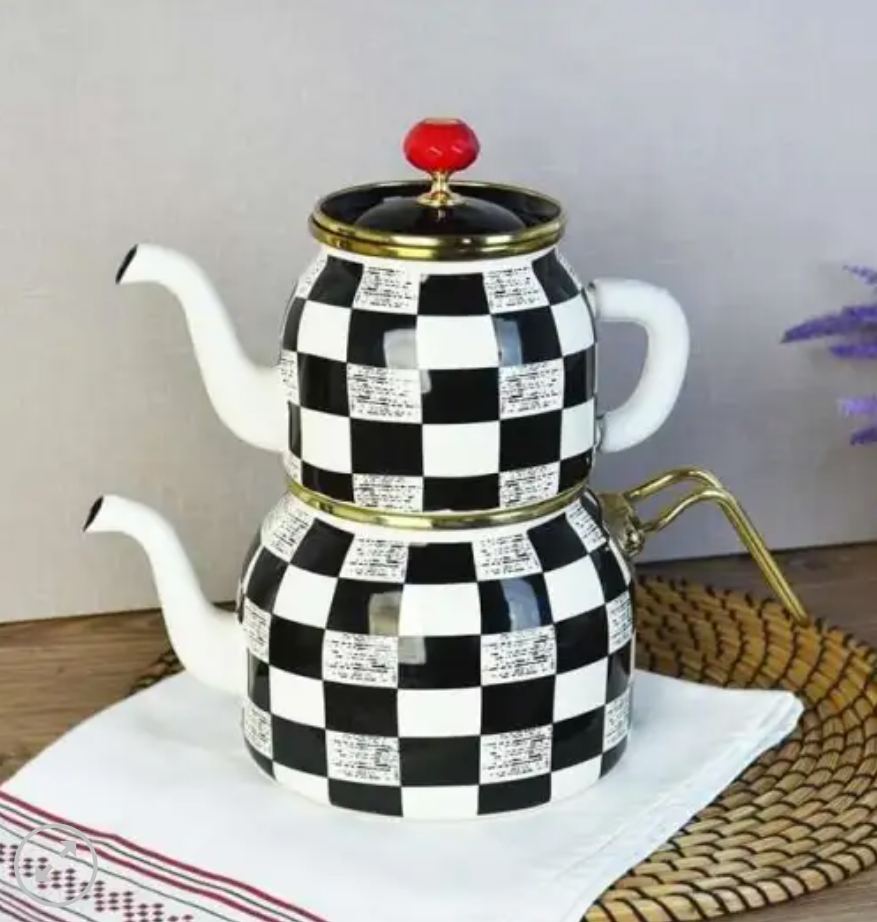 Black and White Checkered Enamel Double Turkish Tea Pot