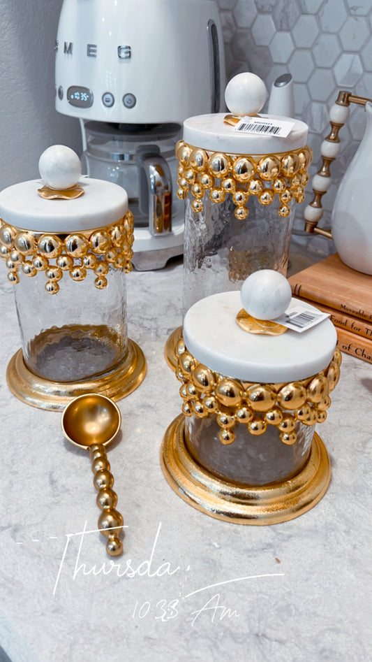 Gold Beaded Canisters w/ Marble Lid