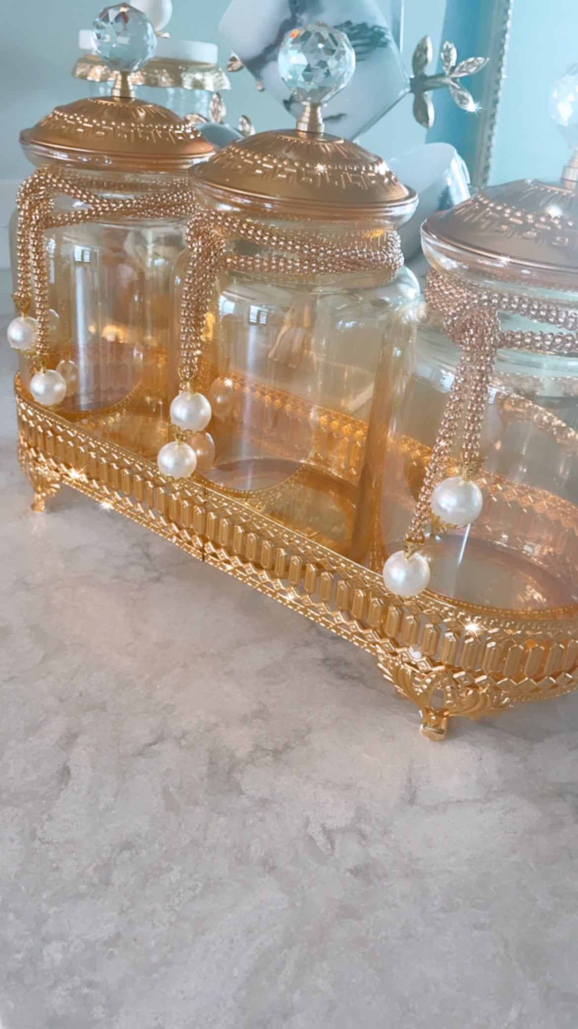 Gold Color Jar Set With Metal Stand