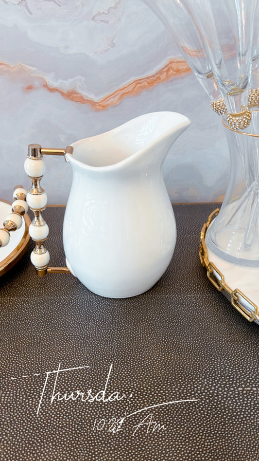 White Ceramic Pitcher with White and Gold Handle