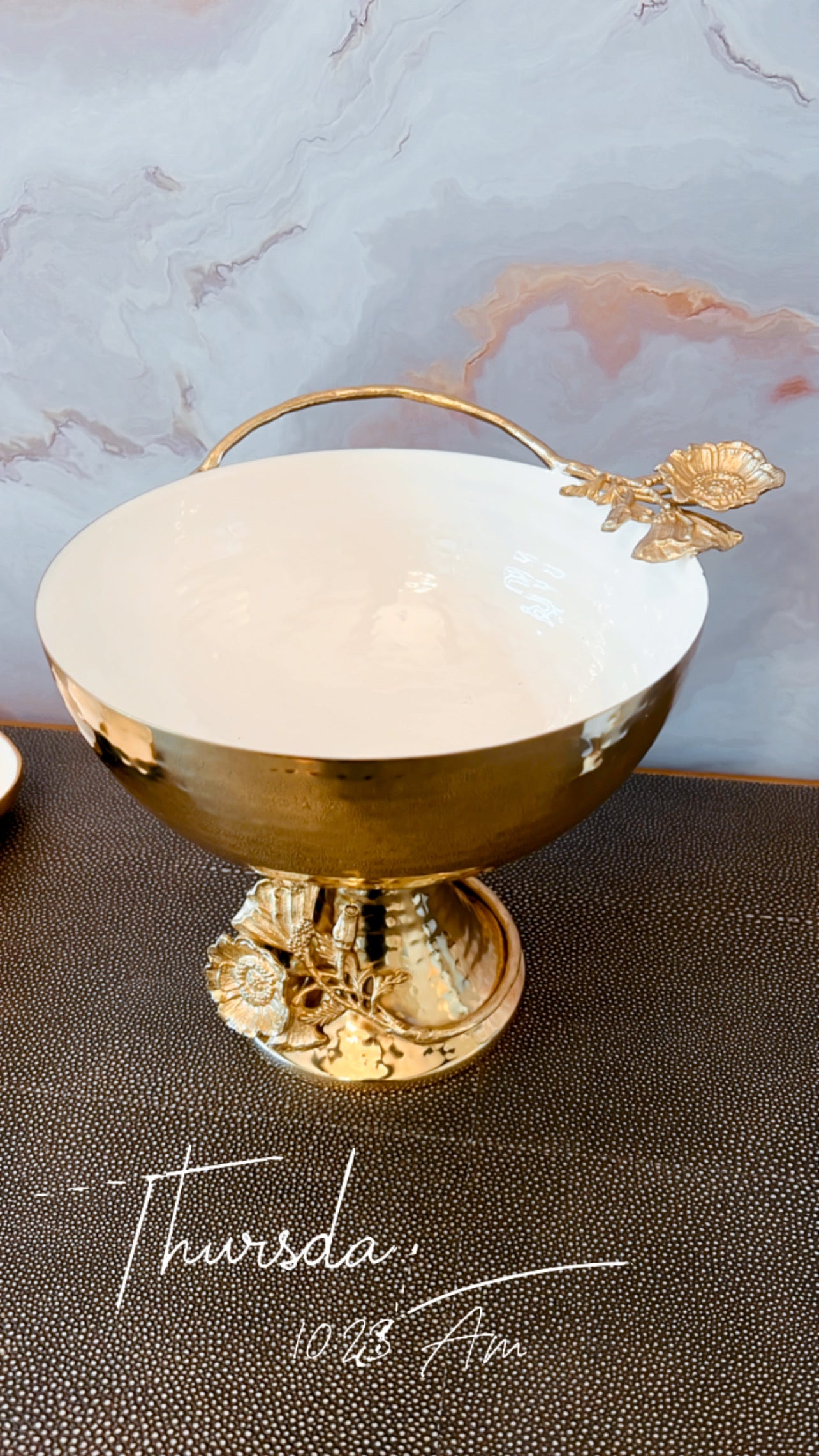 Gold and White Enamel Footed Bowl with Floral Details