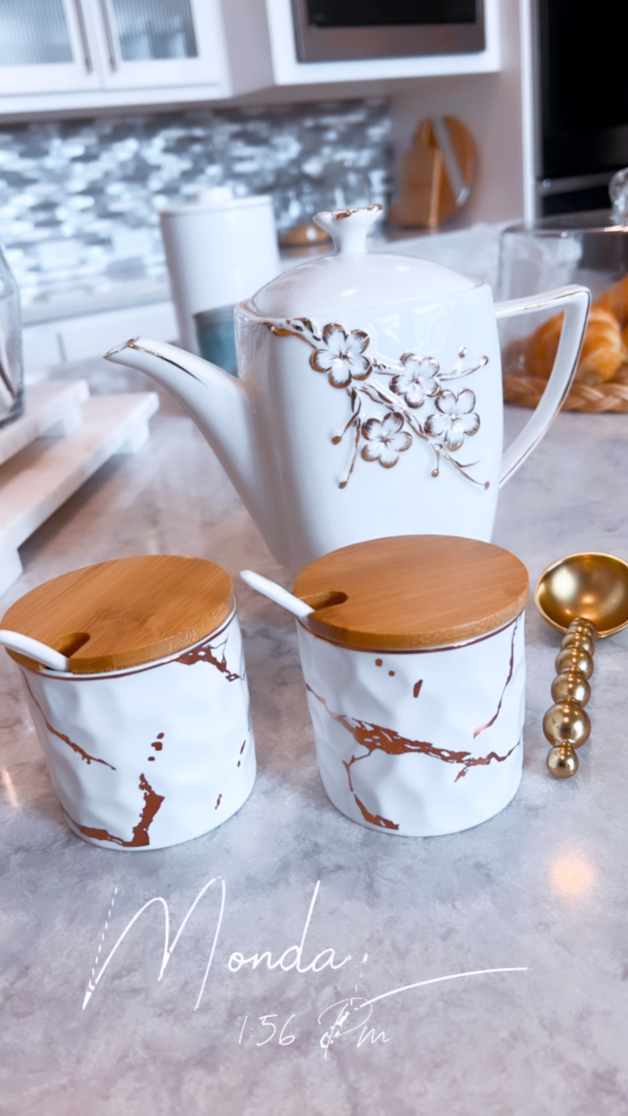 Metallic Gold Marble Print Spice Jars with Spoons and Wooden Lid With Tray (set of 3)