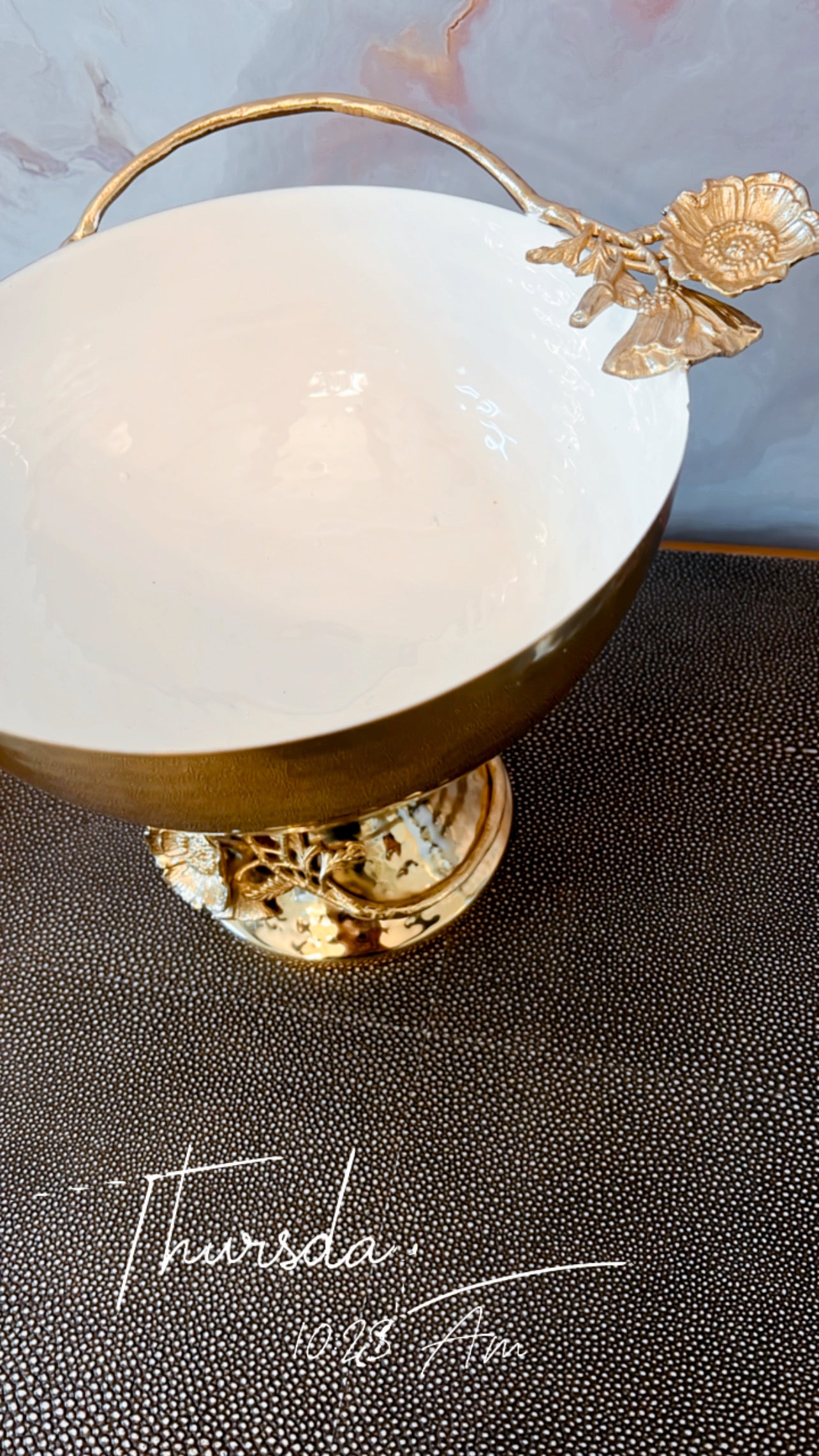 Gold and White Enamel Footed Bowl with Floral Details