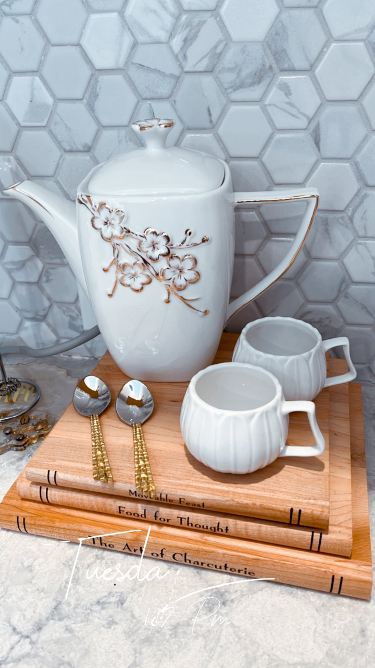 White and Gold lidded Teapot w/ Floral Details