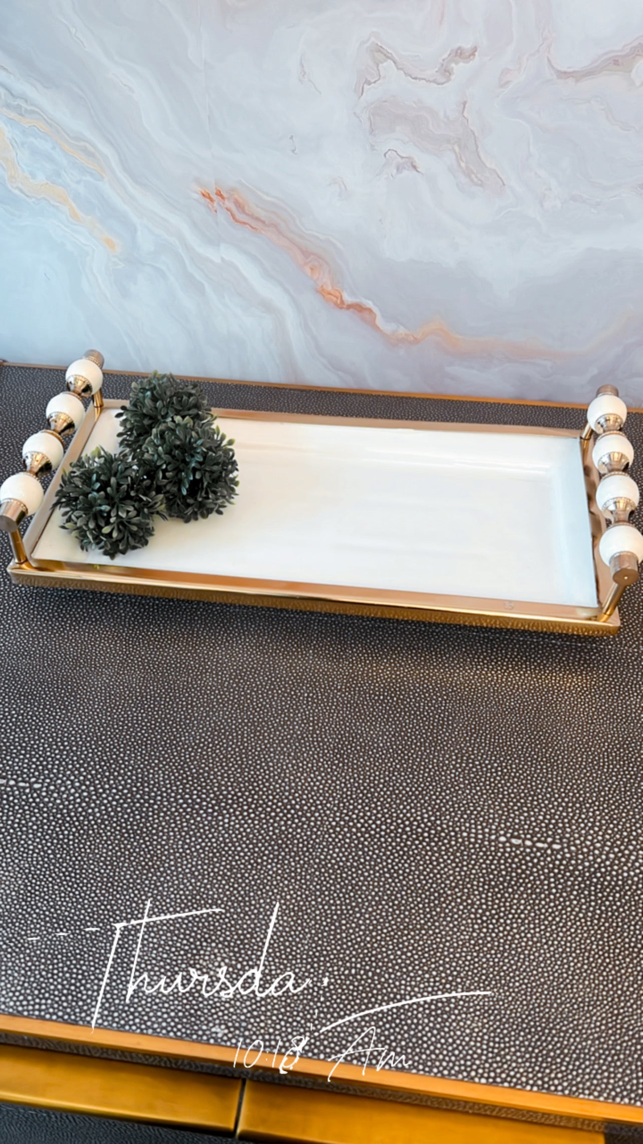 Gold and White RectangularTray with Beaded Handles