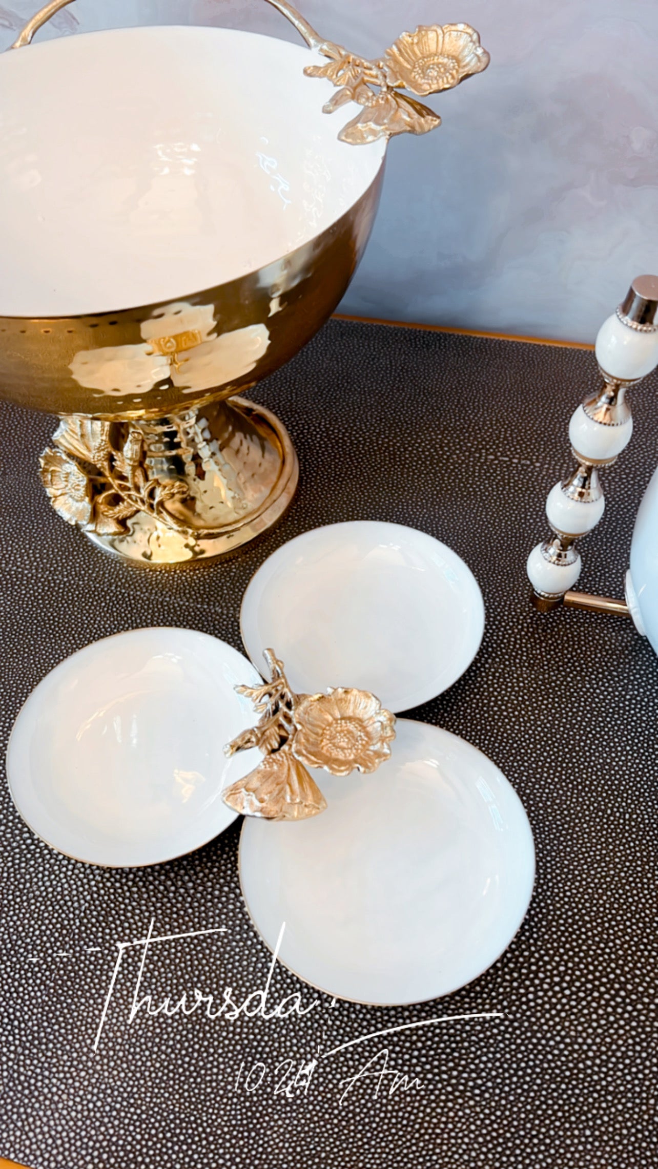 Gold and White Enamel 3-Sec Cluster Bowl with Floral Details