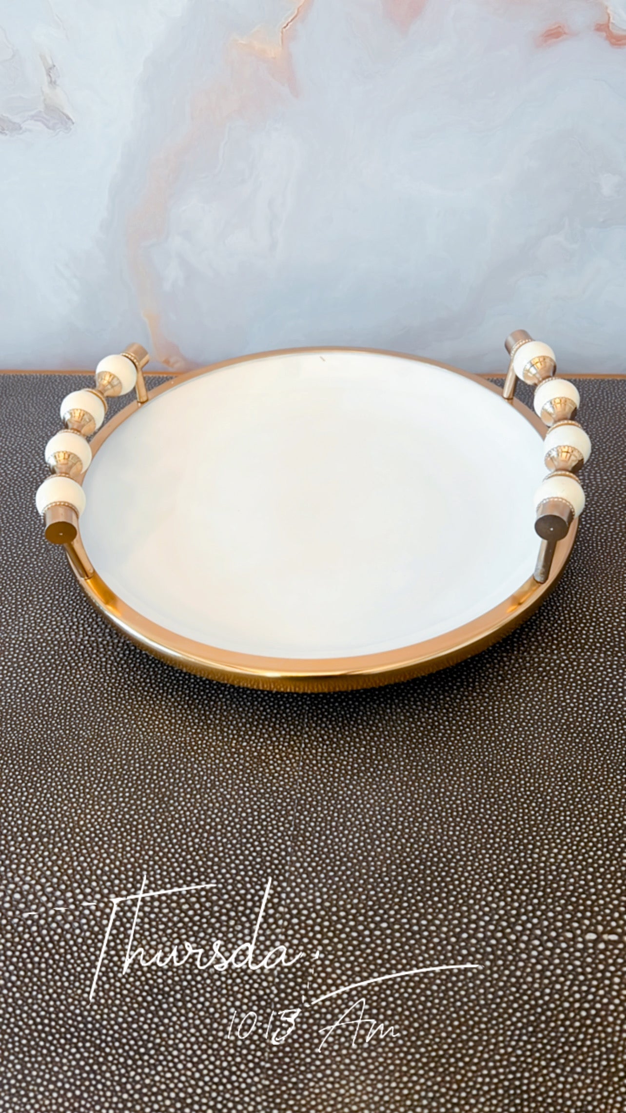 Gold and White Round Tray with Beaded Handles