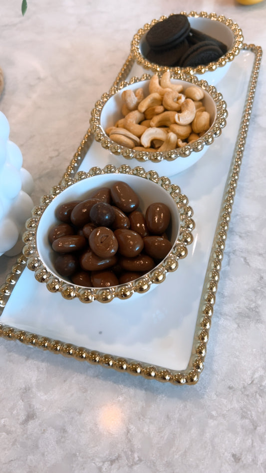 Gold Beaded Edge Serving Tray with 3 Beaded Snack Bowls